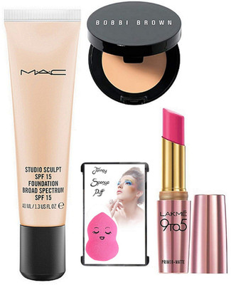 

jenney Sponge Puff & Mac Studio Sculpt Foundation & Lakme 9 To 5 Lipstick & Bobbi Brown Concealer(Set of 4)