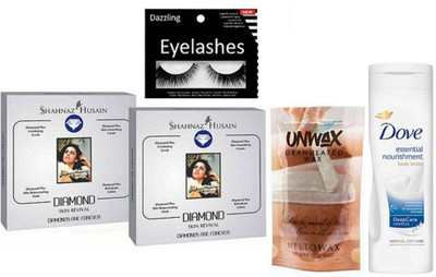 

Dazzling Eyelashes & Diamond Facial Kit Pack of 2 & Dove nourishment lotion & Granulated Wax(Set of 5)