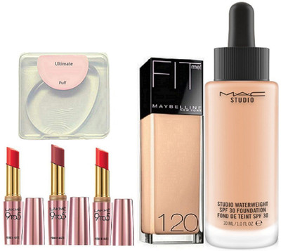 

Ultimate Silicon puff, Mac studio water weight foundation, fit me 120 foundation, Lakme 9to5 lipstick pack of 3(Set of 6)