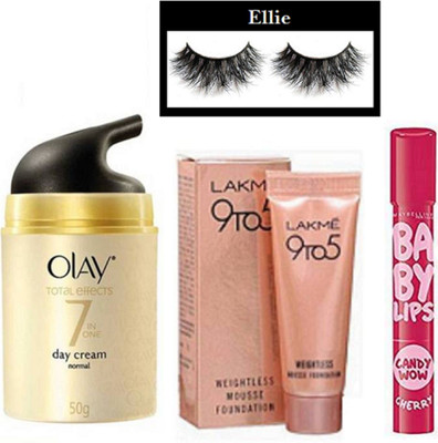 

ellie Eyelashes, 9to5 Mousse Foundation, Olay Total Effects 7in1 Cream, Candy Wow Cherry lipbalm(Set of 4)