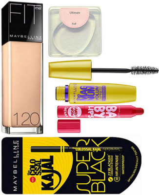 

Ultimate silicon puff, fit me foundation, the mag num mascara, baby lips candy wow lip balm, the colossal super black kajal(Set of 5)