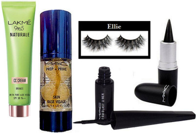 

ellie Eyelashes & Prep+Prime Skin Base Visage Face Primer, Liquid Last Black Eyeliner, Stick Kajal, Cc Cream(Set of 5)