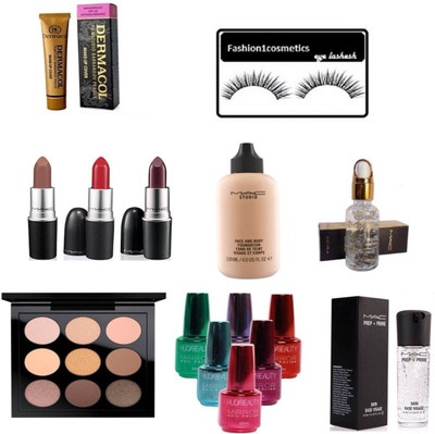 

FASHION1COSMETICS Combo kit of huda nail polish,mac eye shadow,face and body foundation,lipstick,prep+prime skin base visage gel,smoothing perfecting primer,dermacol with pair of eyelashes (Set of 15)(Set of 15)