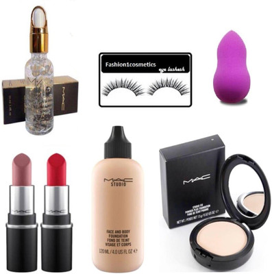 

FASHION1COSMETICS Combo kit of smoothing perfecting primer,studio face and body foundation,compact,lipstick,sponge puff and eyelashes (Set of 7)(Set of 7)