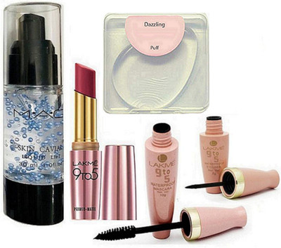 

DAZZLING Silicon Puff & Mac Skin Caviar Primer, 9to5 Waterproof Eyeliner Mascara, Primer+Matte Lipstick (Set of 5)(Set of 5)