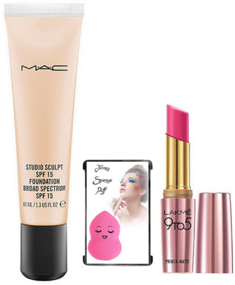 

jenney Sponge Puff & Mac Studio Sculpt Foundation & Lakme 9 To 5 Lipstick(Set of 3)