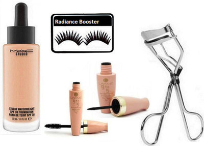 

radiance booster Eyelashes & Mac Water Weight Foundation & Lakme 9 to 5 Eyeliner+Mascara & Eyelashes Curler(Set of 5)