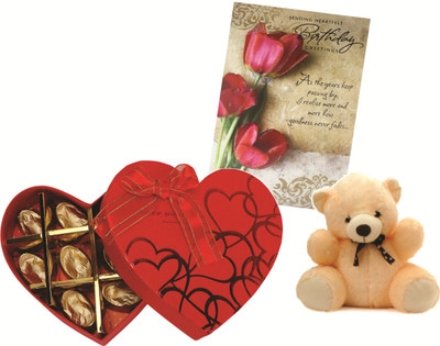 

Skylofts 10pcs Assorted Chocolates Heart Box with teddy bear & Birthday Card Birthday Gift Combo(130gms)