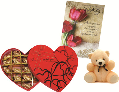 

Skylofts 18pcs Assorted Chocolates Heart Box Birthday Gift with a cute teddy bear & Birthday Card Combo(225gms)