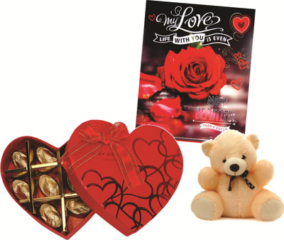 

Skylofts 10pcs Assorted Chocolates Heart Box with teddy bear & Love Card Romantic Gifts Combo(130gms)
