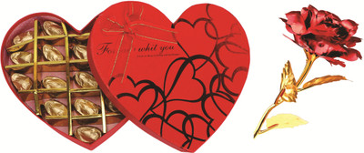 

Skylofts 18pcs Assorted Chocolates Heart Box Valentine Gifts Birthday Gift with Red Gold Rose Combo(225gms)