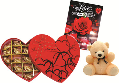 

Skylofts 18pcs Assorted Chocolates Heart Box Love Gift with a cute teddy bear & Love Card Combo(225gms)