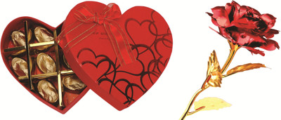 

Skylofts 10pcs Assorted Chocolates Heart Box with teddy bear with Red Gold Rose Valentine Gifts Birthday Gift Combo(130gms)