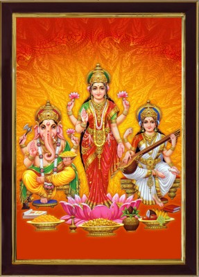 saf Lord Lakhmi Ganesh Saraswati Sparkle Coated Digital Reprint 13.25 inch x 9.25 inch Painting(With Frame)