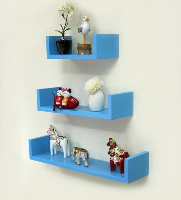 KraftStics BedRoom Wooden Rack Shelf (Number of Shelves -3 Blue) Wooden Wall Shelf(Number of Shelves - 3, Blue)