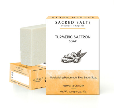 

Sacred Salts Turmeric Saffron Moisturizing Handmade Shea Butter Soap | 100% Natural Organic Bathing Bar | Purifying Soap for Face & Body | Natural Haldi & Kesar Soap | 100g(100 g)