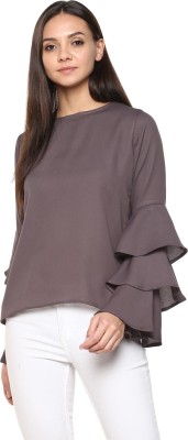 indietoga Casual Layered Sleeve Solid Women Grey Top