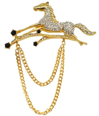 Sullery Mens Suit  Elegant Rhinestone White And Black Crystal Gold Tone Runing Horse Label Pin With Hanging Chain Brooch(Gold)