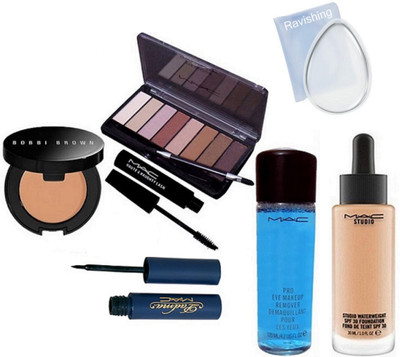 

ravishing Silicon puff, eyelashes, Mac studio water weight foundation & makeup remover & Mascara & Eyeshadow 8 shade palette, Bobby brown compact & Padma eyeliner(Set of 8)