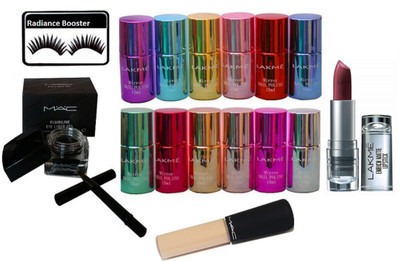 

radiance booster Eyelashes & Lakme Nail Paint (Pack Of 12) & Enrich Lipstick & Mineralize Concealer & Fluid Line Gel Eyeliner(Set of 16)