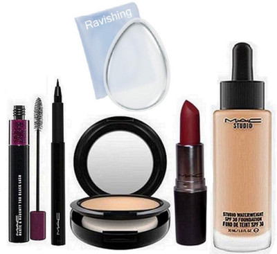 

ravishing Eyelashes, Mac studio water weight foundation & Pen eyeliner & Haughty & naughty double effect mascara & Lipstick & compact(Set of 6)