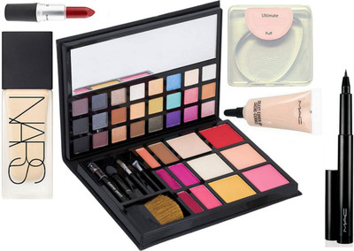 

Ultimate Silicon puff, Mac select coverup concealer, pen eyeliner, finish matte lipstick, flaw less palette, Nars Foundation(Set of 6)