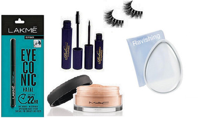 

ravishing Silicon puff, Eyelashes, Mac Loose Powder, Lakme Eyeconic deep black Kajal ,Padma eyeliner & mascara(Set of 6)