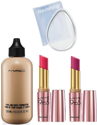 

ravishing PUFF, MAC face & body foundation & lakme 9 to 5 lipsticks in 2 shades(Set of 4)