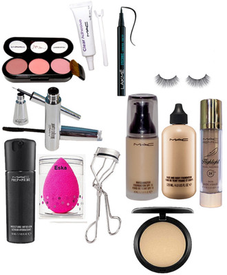 

Eska sponge puff, eyelashes, MAC Match master & face & body foundation & prep + prime primer & highlighter & compact & fix eyelashes glue & 3 shades of blusher & eyelashes curler & LAKME pen eyeliner & BROOKE CANDY eyeliner & mascara(Set of 13)
