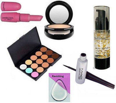 

ravishing silicon puff, Mac liquid eyeliner & skin caviar primer & compact & giambattista valli lipstick & 15 shade concealer palette(Set of 6)
