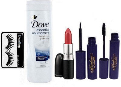 

Dazzling Eyelashes, Matte Finish Lipstick, Eyeliner+Mascara & Dove Nourishment Body Lotion(Set of 5)