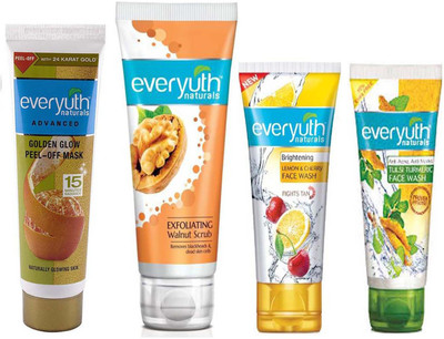 

Everyuth Naturals GOLDEN GLOW PEE OFF MASK 90g, HYDRATING & EXFOLIATING Walnut Apricot Scrub 100g, Lemon & Cherry Face Wash 50g & Naturals TULSI TURMERIC Face Wash 50g(Set of 4)