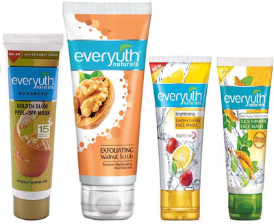 

Everyuth Naturals GOLDEN GLOW PEE OFF MASK 90g, EXFOLIATING Walnut Scrub 200g, Lemon & Cherry Face Wash 50g & Naturals TULSI TURMERIC Face Wash 50g(Set of 4)