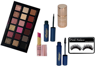 

pink palace Eyelashes, LAKME 9 to 5 lipstick & nail polish & padma eyeliner & mascara & HUDA BEAUTY palette in (18 shades)(Set of 6)