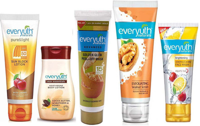 

Everyuth Naturals Skin Essentials Moisturising Body Lotion Cocoa Butter Wheatgerm & Honey 90g, Pure & Light Sun Block Lotion 50g, Golden Glow Peel-Off Mask 90g, HYDRATING & EXFOLIATING Walnut Apricot Scurb 100g & Lemon Cherry Face Wash 50g(Set of 5)