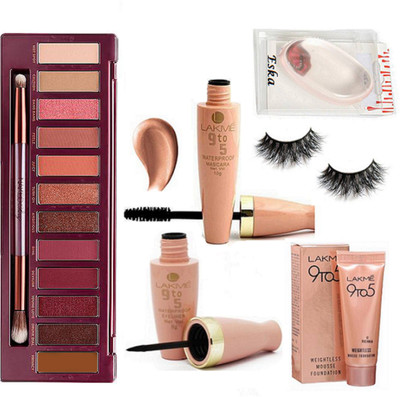 

eska Silicon Puff, Lakme 9to5 Eyeliner & Mascara,Weightless Mousse Foundation, Eyelashes, urban decay Eye shadow palette(Set of 6)