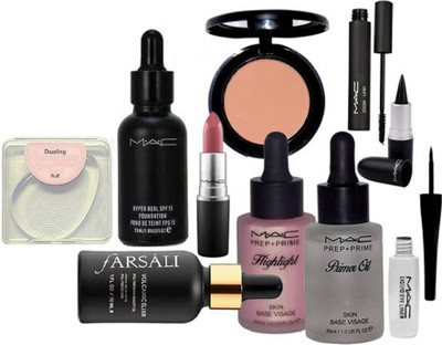

Dazzling Silicon puff & Mac Hyper Real Foundation & Matte finish lipstick ,volcanic elixir face serum , blusher, prep+prime primer oil & pink highlighter , liquid eyeliner & zoom lash mascara with stick kajal set of 10(Set of 10)