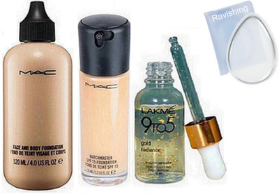 

ravishing Silicon puff, Mac Face & Body & Match master foundation, Lakme 9 to 5 serum(Set of 4)