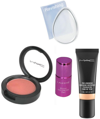 

ravishing Silicone puff, MAC pro longwear foundation & blusher & LAKME nail polish(Set of 4)
