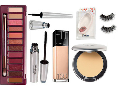 

Eska silicon Puff, Naked Urban Decay Eye shadow palette , Mac Brooke Candy Eyeliner, Mascara, Eyelashes, Studio perfect Compact, Maybeillne new York Fit me Foundation(Set of 7)