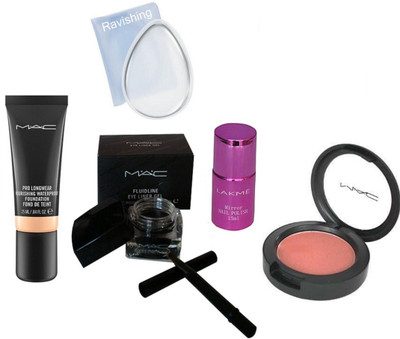 

ravishing Silicone puff, MAC pro longwear foundation &fluidline eyeliner & blusher & LAKME nail polish(Set of 5)
