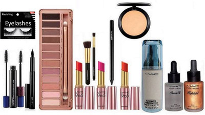 

ravishing Eyelashes, Mac match master foundation & primer oil & highlighter 2 , pen eyeliner & mascara & kajal & compact & naked 12 shades eye shadow palette, Lakme 9 to 5 lipstick in 3 shades & 2 makeup brush(Set of 14)