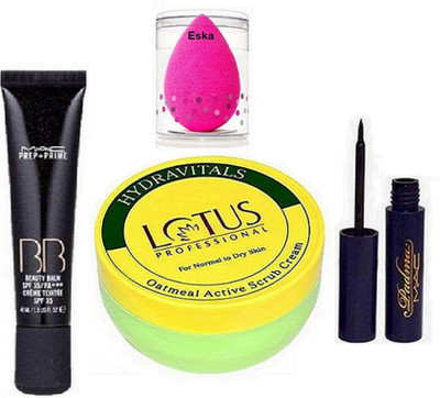

eska Sponge Puff, MAC Prep + Prime BB Foundation & Padma Eyeliner & Oatmeal Active Scrub Cream(Set of 4)