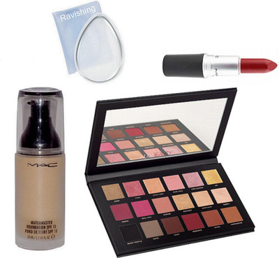 

ravishing silicone puff, MAC Matchmaster foundation & Huda eye shadow 18 shades palette & lipstick(Set of 4)