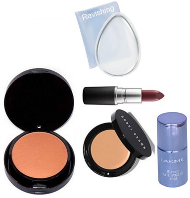 

ravishing silicone puff, MC powder compact & matte finish lipstick & bbi brown concealer & lakeme nail polish(Set of 5)