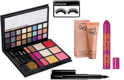 

catherine Eyelashes, Mac Pen Eyeliner, Face Flawless Palette, maybilline Baby Lips Lip Balm, lakme 9 to 5 Mousse Foundation(Set of 5)
