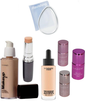 

ravishing silicone puff, MAC makeup prolongwear & studio waterweight foundation & sticky concealer & lakme nail polish ( 3 set )(Set of 7)
