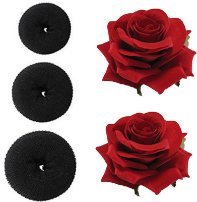

JAGTEK hair accessories set of 5 pcs / Fashion Hair Doughnut Bun Ring Shaper Hair Donut Style Updo Black set of 3 pcs and Red Fabric Rose Flower Hair Clip For Women 2 pcs Bun Clip(Multicolor)