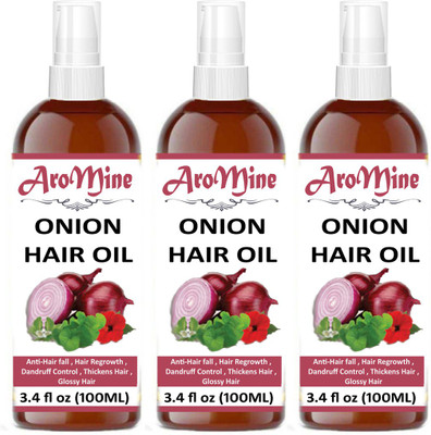 AroMine Premium ONION Herbal Hair oil- For Hair Regrowth, Dandruff Control, Treat Hair loss & Thickens hair Combo pack of 3 bottles of 100 ml(300 ml) Hair Oil (300 ml) Hair Oil(300 ml)