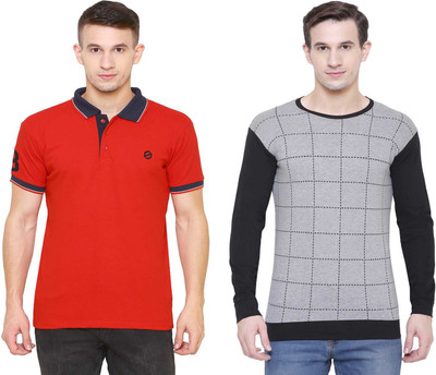 SCATCHITE Checkered, Color Block Men Polo Neck Red, Black, Grey T-Shirt(Pack of 2)